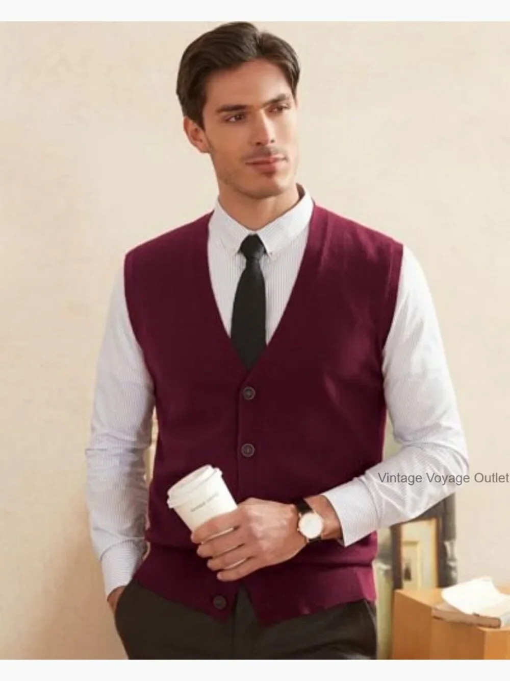 Men's Wool Blend V-Neck Button Sleeveless Cardigan Vest